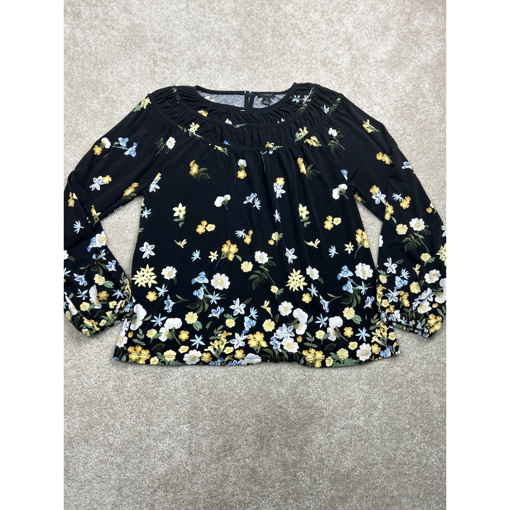 Ann Taylor Factory Floral Blouse M Black Long Balloon Sleeve Stretch Cottagecore